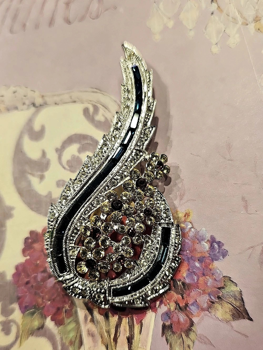 Vintage Jewel Tone Paisley Brooch Sapphire Blue & Amethyst Rhinestones